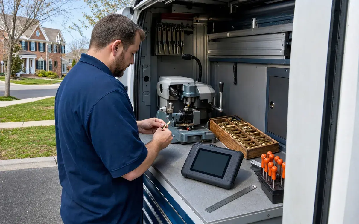 Key blanks, a cutting machine and a diagnostic programmer laid out in the back of the van