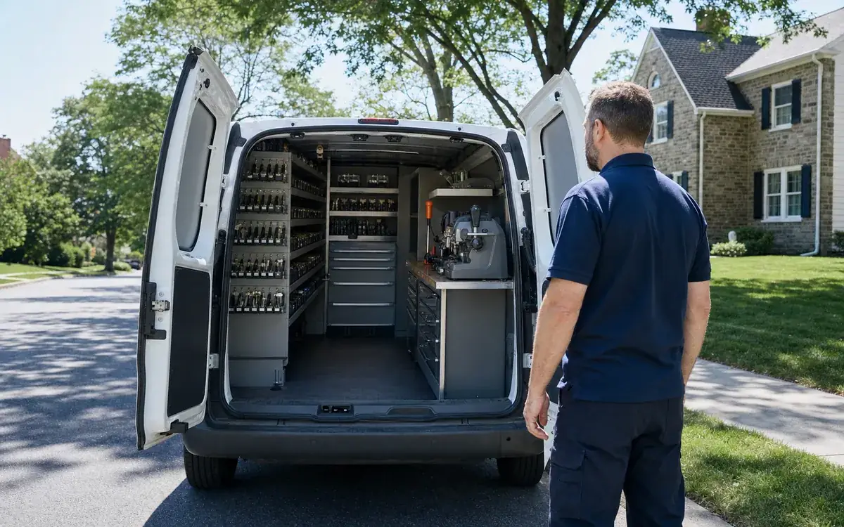 The back of the work van, fitted out as a mobile locksmith workshop