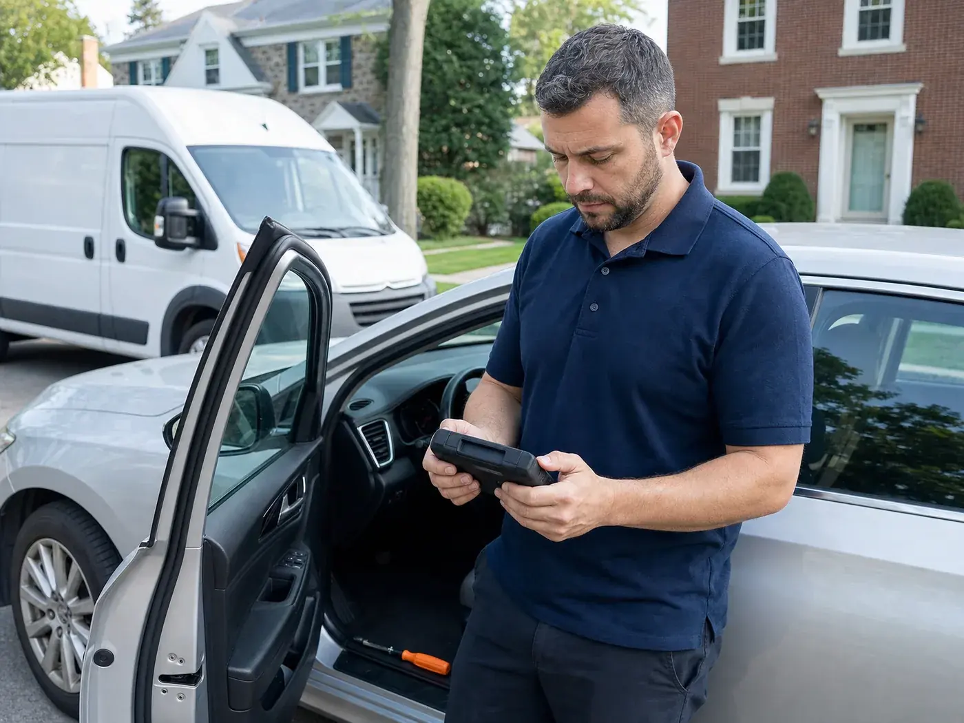 Key Sprint locksmith working on a car door lock at the curb
